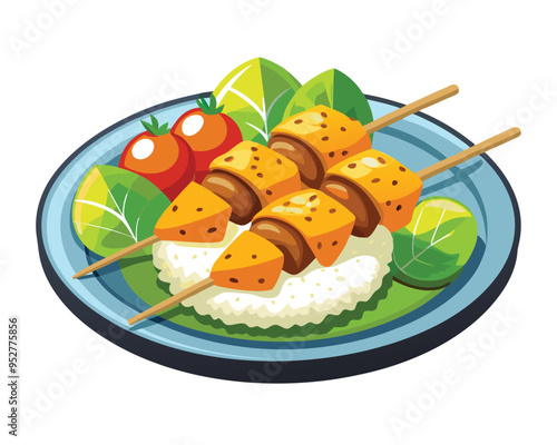 Grilled Chicken Skewers with Rice and Vegetables Served on Plate vector illustration