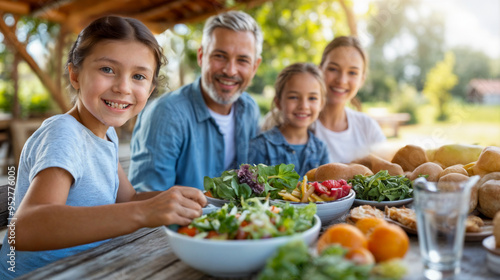 Family enjoying a healthy meal together outdoors at a sunlit picnic table in a lush garden during a warm summer afternoon
