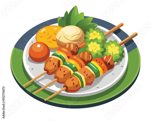 Grilled Chicken Skewers with Rice and Vegetables Served on Plate vector illustration