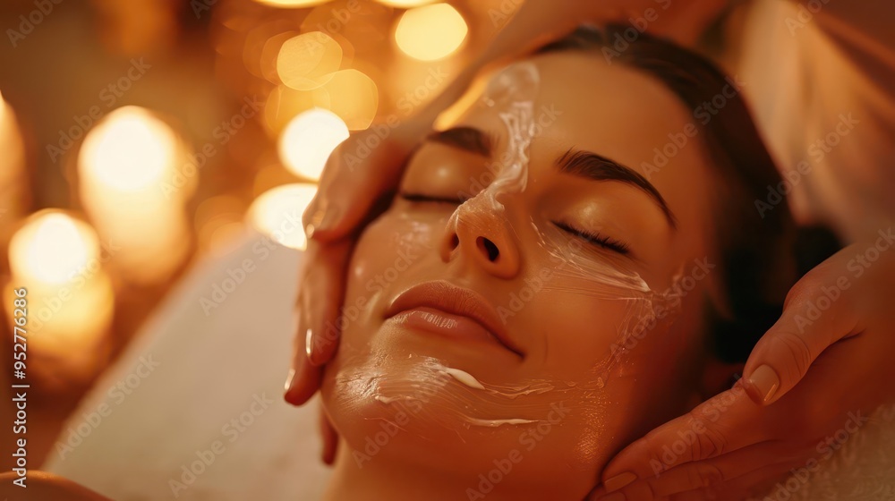 serene spa scene with young woman receiving facial massage soft focus on hands gently applying treatment in a tranquil candlelit ambiance serene spa scene with young woman receiving facial massage soft focus on hands gently applying treatment in a tranquil candlelit ambiance