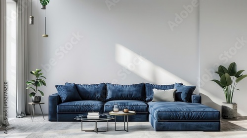 serene simplicity inviting blue sofa in minimalist living room with harmonious accents interior design