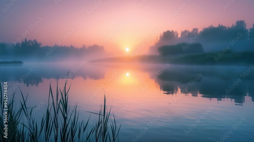 Fototapeta premium serene sunrise over calm river landscape tranquil natural scenery peaceful morning atmosphere outdoor photo