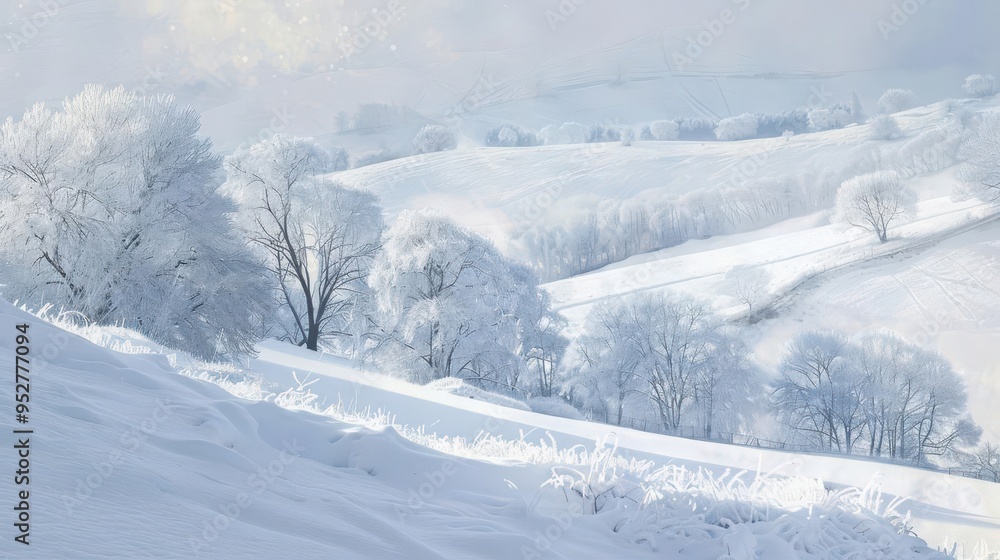 serene winter landscape bathed in ethereal light snowcovered trees and rolling hills create a dreamlike scene soft pastels blend with stark white snow evoking tranquil beauty serene winter landscape bathed in ethereal light snowcovered trees and rolling hills create a dreamlike scene soft pastels blend with stark white snow evoking tranquil beauty