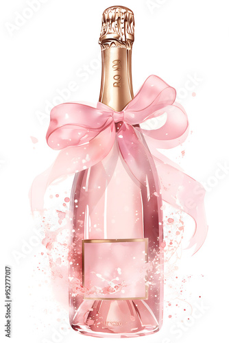 Pink champagne bottle decorated with a silk pink ribbon bow. Romantic coquette feminine illustration