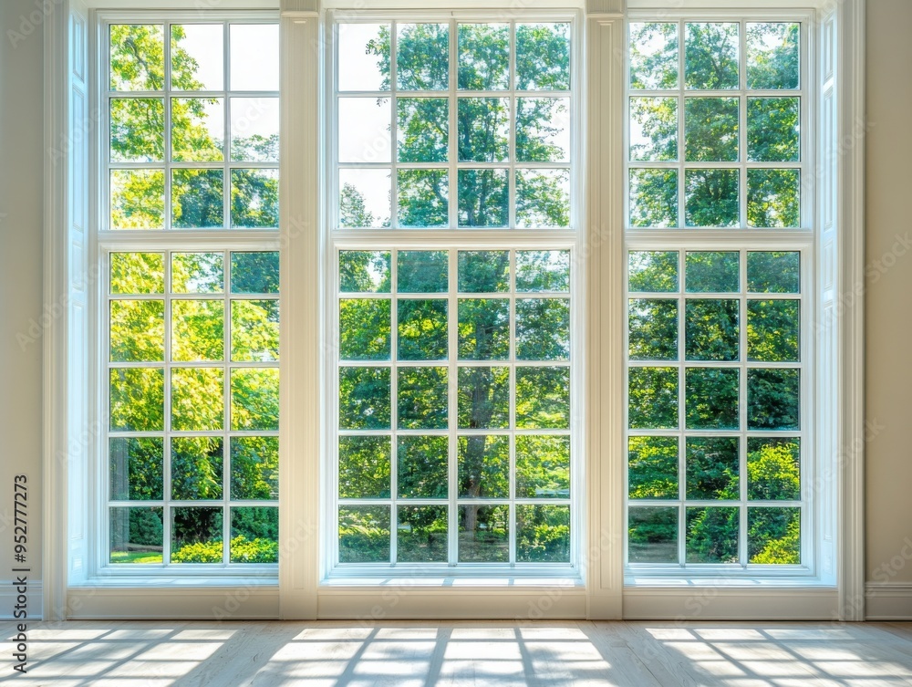 Three large windows in a bright room offering a clear view of a lush green garden, allowing ample sunlight inside Three large windows in a bright room offering a clear view of a lush green garden, allowing ample sunlight inside