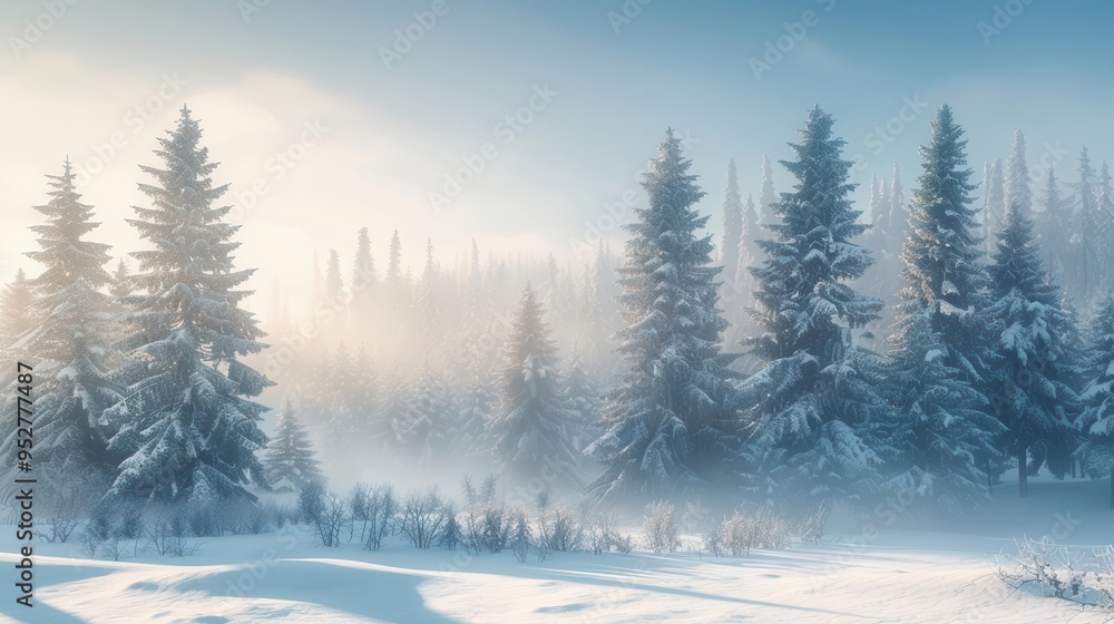 Fototapeta premium serene winter wonderland with snowladen evergreen trees soft light filters through misty air casting a magical glow on the pristine white landscape evoking tranquility and natural beauty