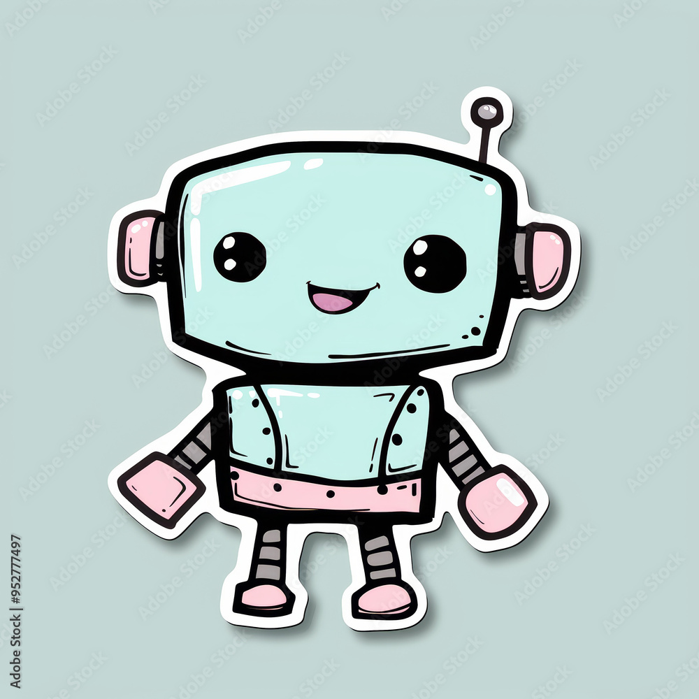 Cute hand-drawn robot sticker with a happy expression and thick white contour Cute hand-drawn robot sticker with a happy expression and thick white contour