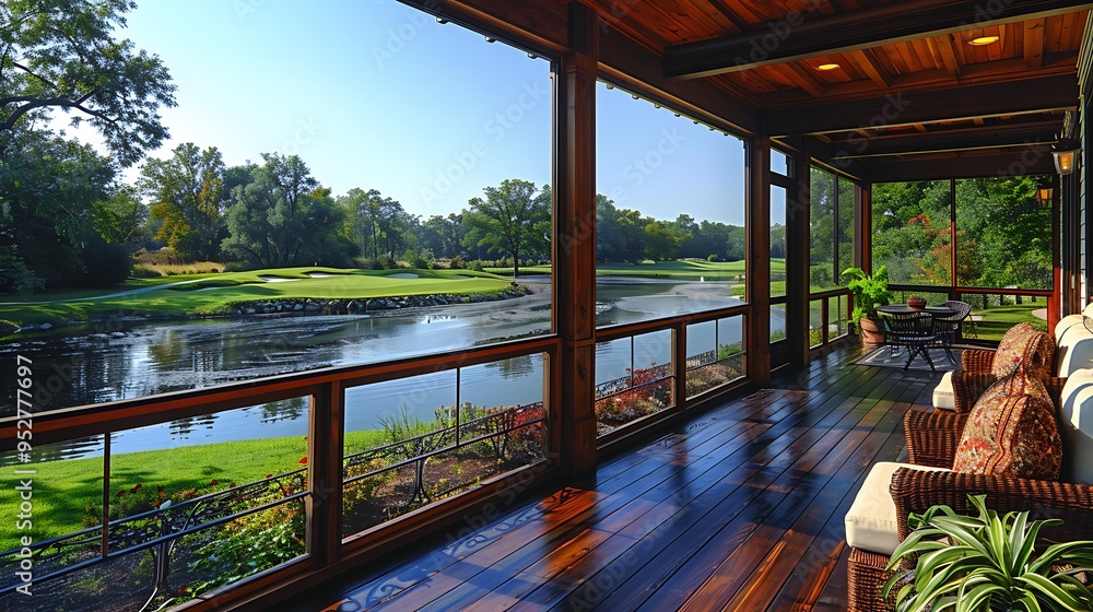 A screened-in porch overlooking a golf course and pond with wicker furniture and a wood floor. A screened-in porch overlooking a golf course and pond with wicker furniture and a wood floor.
