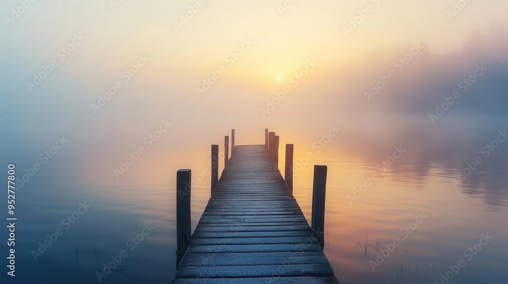 Fototapeta premium serene wooden pier extends into misty lake at sunrise golden light filters through fog creating a dreamlike atmosphere calm waters reflect pastel sky evoking peace and tranquility