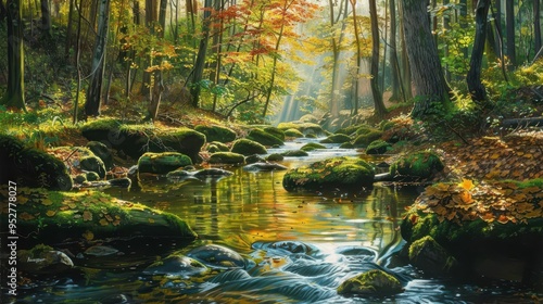 serene woodland stream dappled sunlight through lush canopy mosscovered rocks crystalclear water vibrant autumn foliage reflecting on surface hidden wildlife