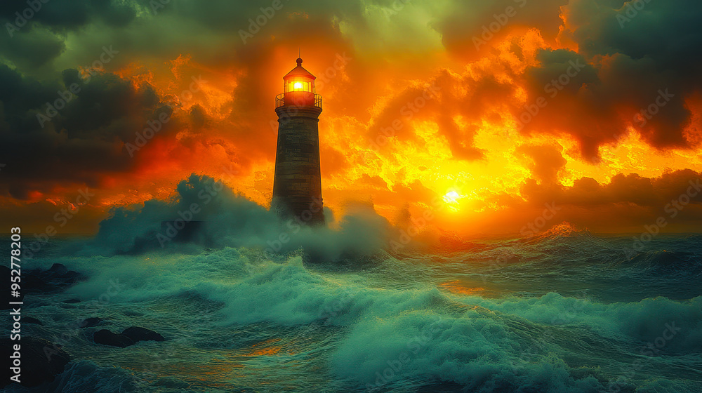 Lonely Lighthouse Battling Ocean Waves at Dusk with Dramatic Golden Sunset Sky, Majestic Seascape, Maritime Beacon, Resilience Theme Lonely Lighthouse Battling Ocean Waves at Dusk with Dramatic Golden Sunset Sky, Majestic Seascape, Maritime Beacon, Resilience Theme