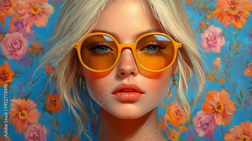 Stylish Blonde Woman with Yellow Sunglasses in Colorful Floral Pop Art Painting for Contemporary Interior Design photo