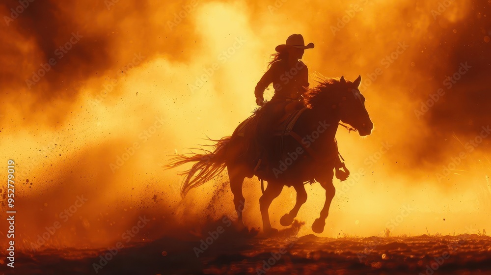 Naklejka premium silhouette of determined cowgirl riding bucking mustang against a dramatic sunsetpainted dusty arena