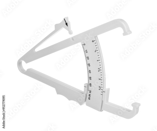 Plastic body fat caliper isolated on white photo