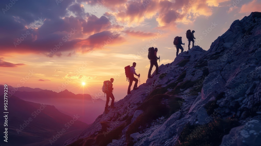 silhouetted group of hikers conquering a mountain peak at sunset dramatic sky and sweeping vistas create an inspiring scene of adventure and achievement silhouetted group of hikers conquering a mountain peak at sunset dramatic sky and sweeping vistas create an inspiring scene of adventure and achievement