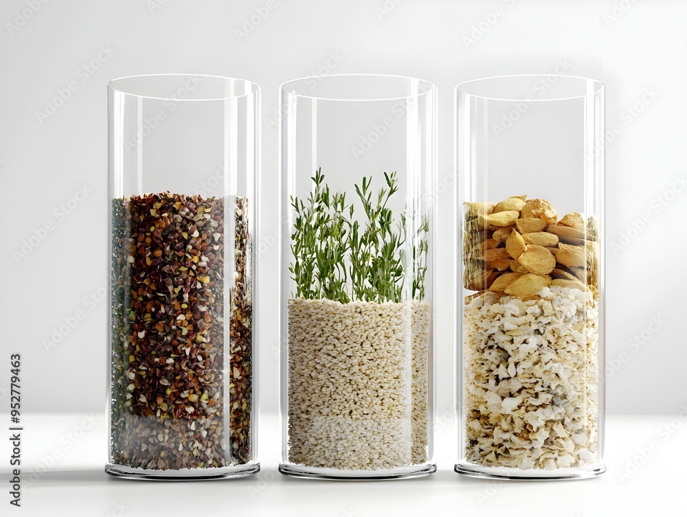 Elegant Shaker Inspired Glassware Filled with Grains Herbs and Dried Fruits on a Minimalist White Background Elegant Shaker Inspired Glassware Filled with Grains Herbs and Dried Fruits on a Minimalist White Background