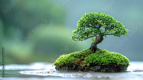 A small bonsai tree with lush green foliage sits on a bed of moss, against a backdrop of blurred greenery and rain.