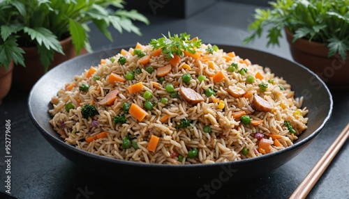 Vegetable fried rice with sausage in black bowl