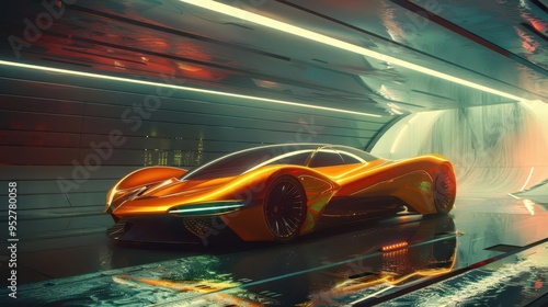 sleek hypercar concept with biomimetic design active aerodynamics and luminescent quantum dot paint glowing in a wind tunnel photo