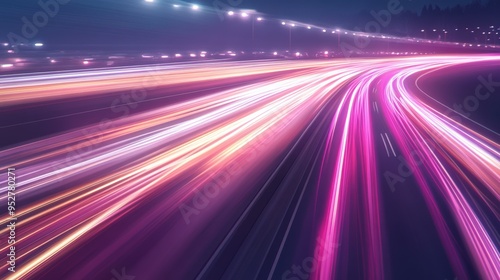 A vibrant nighttime view of light trails on a highway, showcasing dynamic motion and colorful illumination in urban settings.