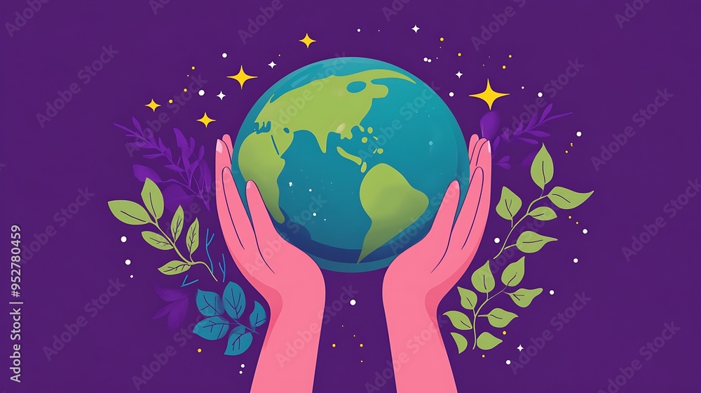 Earth in Hands - Simple Vector Illustration with Green and Blue Globe, Purple Background and Leaves | Flat Design Concept Earth in Hands - Simple Vector Illustration with Green and Blue Globe, Purple Background and Leaves | Flat Design Concept