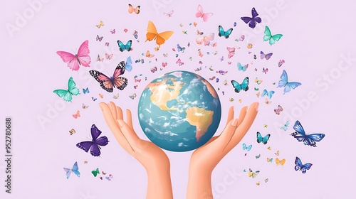 Unity of Nature and Beauty - Vector Illustration of Hands Holding Earth with Colorful Butterflies in Simple Flat Design on Light Purple Background