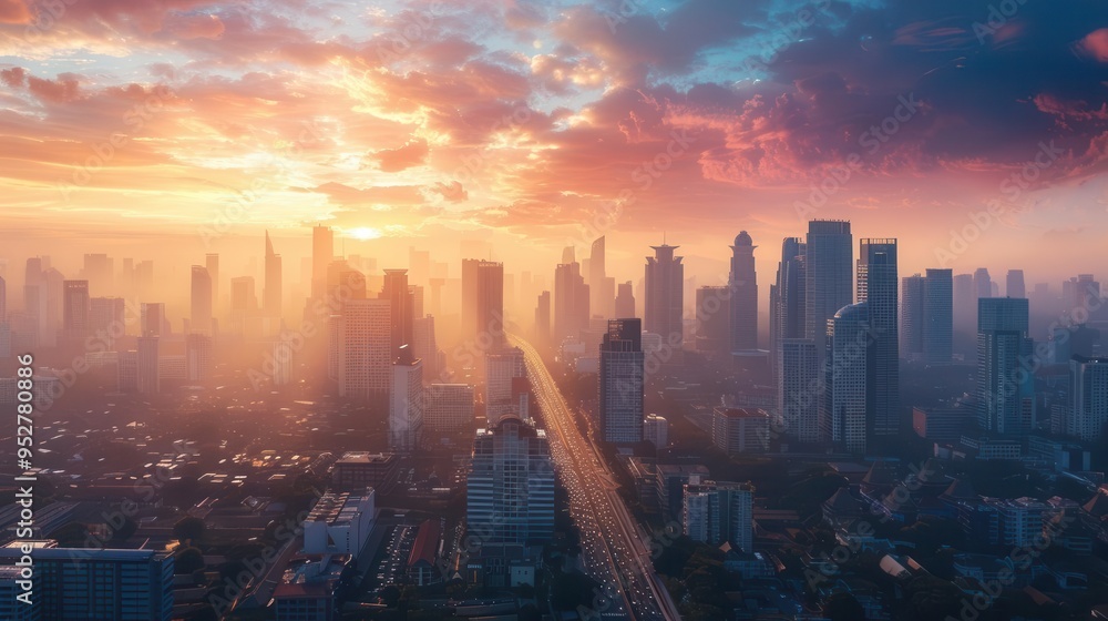 sleek skyscraper cityscape at golden hour with an empty road leading to the heart of the metropolis surrounded by a hazy warm glow sleek skyscraper cityscape at golden hour with an empty road leading to the heart of the metropolis surrounded by a hazy warm glow