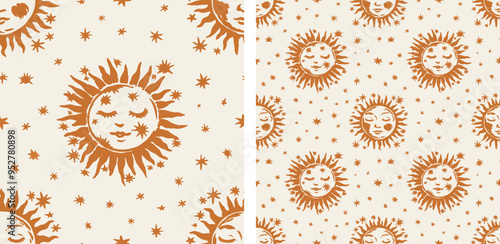 Celestial sun astrology bohemian yellow white seamless pattern vector illustration