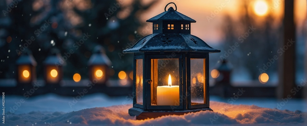 Christmas Lantern With Decoration On Snow Table - Snowy Candle Light And Abstract Defocused Landscape Christmas Lantern With Decoration On Snow Table - Snowy Candle Light And Abstract Defocused Landscape