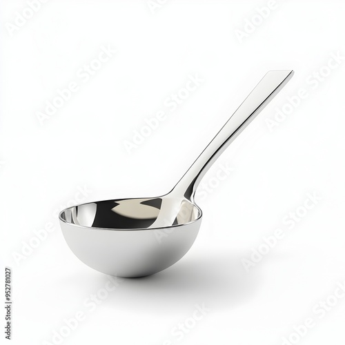 Gleaming Stainless Steel Ladle with Ergonomic Handle on Crisp White Backdrop