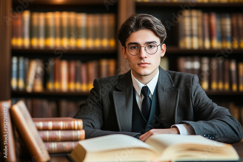 A young man in glasses and a suit sits at a table with books in a library