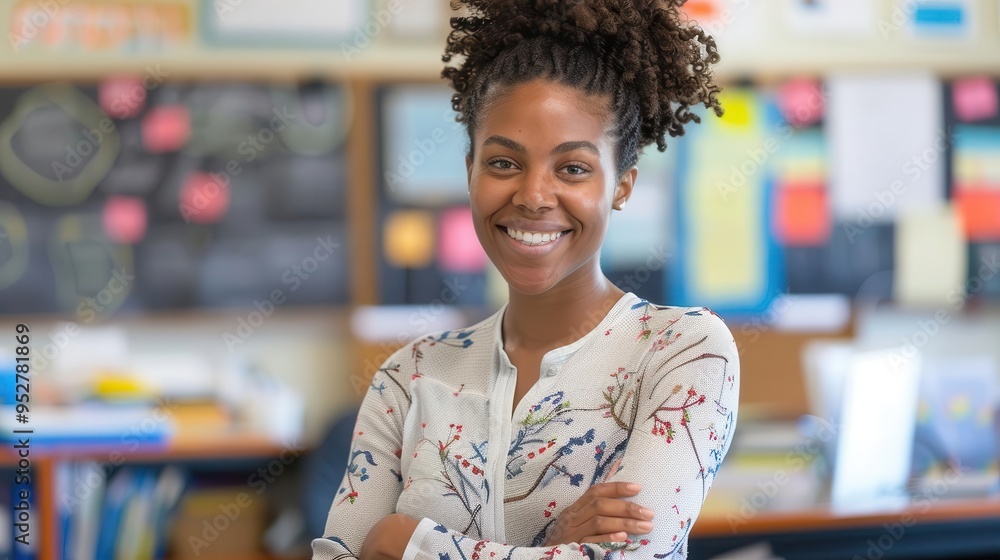 smiling african american female teacher standing in classroom smiling african american female teacher standing in classroom