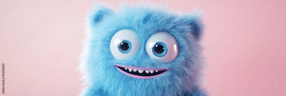 Fototapeta premium This artwork features a charming blue furry monster with large eyes and a big smile, exuding friendliness and warmth, captivating viewers with its playful appearance