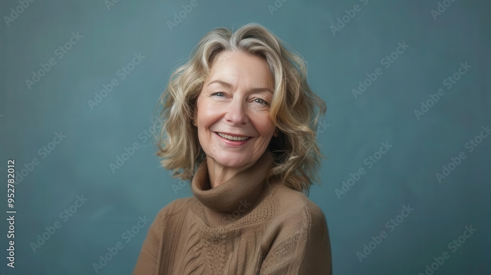 smiling blonde woman in her 40s or 50s front view portrait on blue background lifestyle photography smiling blonde woman in her 40s or 50s front view portrait on blue background lifestyle photography