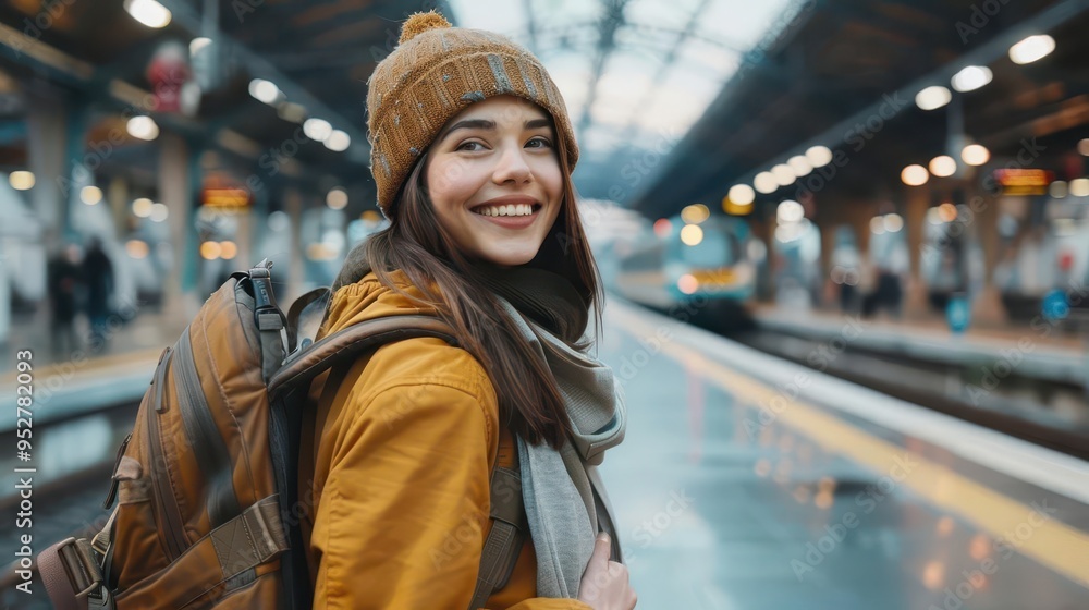 Fototapeta premium smiling young woman with backpack waiting at airport or train station solo travel adventure concept