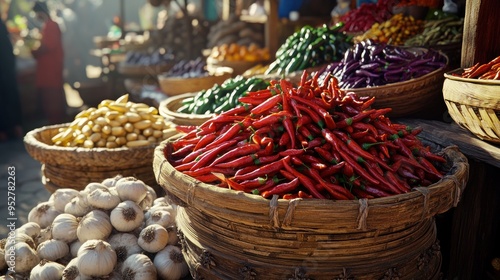 Vibrant Spices in a Bustling Asian Market