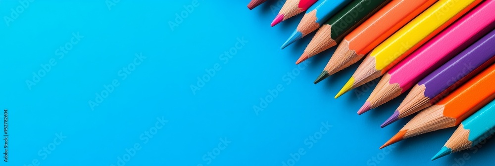 Fototapeta premium A set of vividly colored sharpened pencils is arranged diagonally, creating a striking visual contrast with the bright blue background, ideal for creative projects