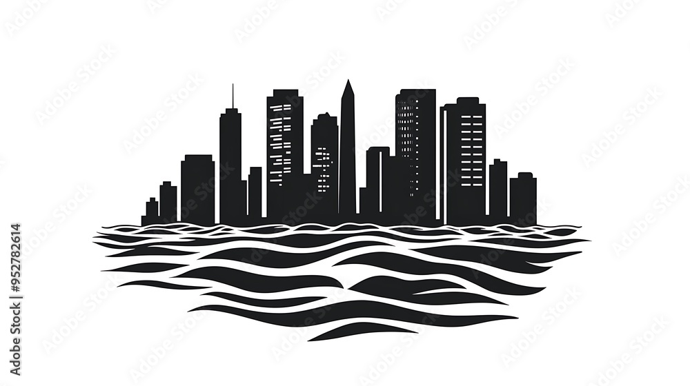 Naklejka premium Minimalist City Skyline Icon in Water - Cartoonish Vector Graphic
