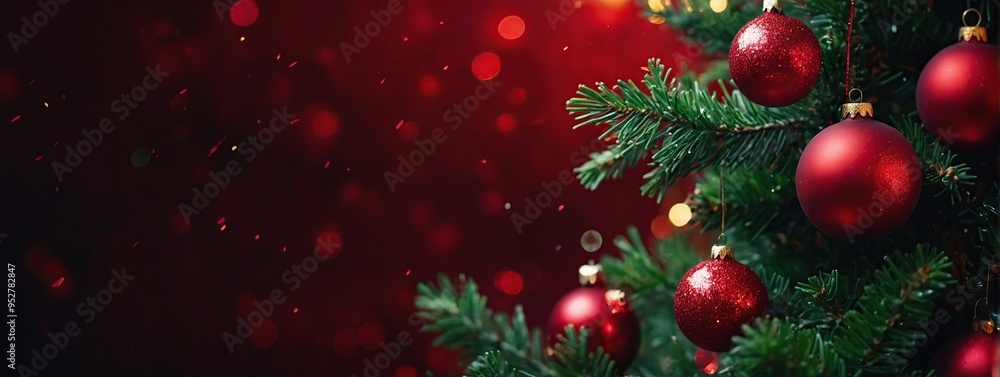 Christmas Tree In Red Shiny Background - Ornaments On Fir Branches With Glittering And Defocused Abstract Lights Christmas Tree In Red Shiny Background - Ornaments On Fir Branches With Glittering And Defocused Abstract Lights