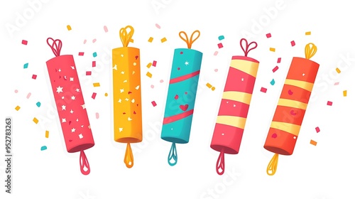 Colorful Party Crackers and Confetti Vector Illustration on White Background with Festive Cartoon Style