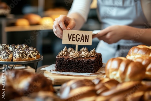 Hand placing vegan sign on chocolate cake, vegan dessert. photo