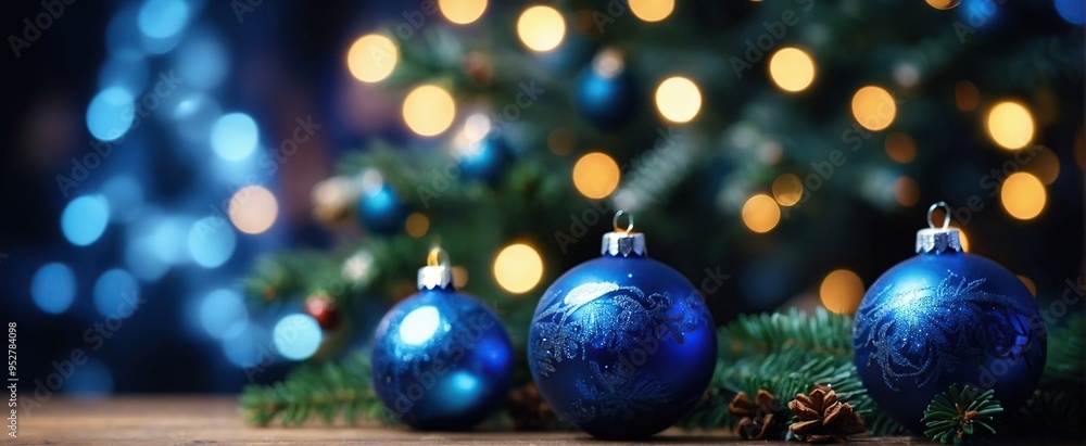 Obraz premium Christmas Tree With Ornaments In Blue Night - Balls On Fir Branches With Defocused Lights In Abstract Background