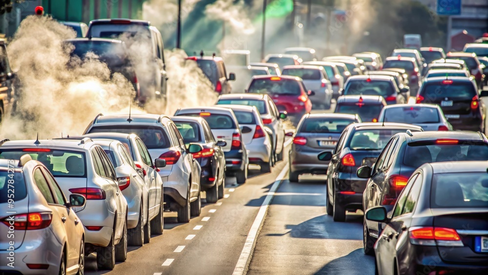 Obraz premium Cars stuck in traffic as exhaust fumes and air pollution fill the air, traffic, cars, exhaust fumes, air pollution, smog