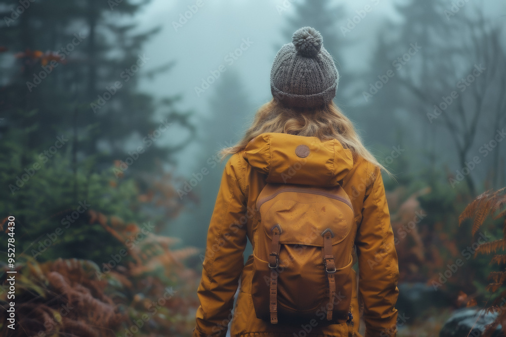 Woman in a mustard jacket and knitted hat stands in a misty forest, embracing tranquility and spiritual inner harmony in nature Woman in a mustard jacket and knitted hat stands in a misty forest, embracing tranquility and spiritual inner harmony in nature