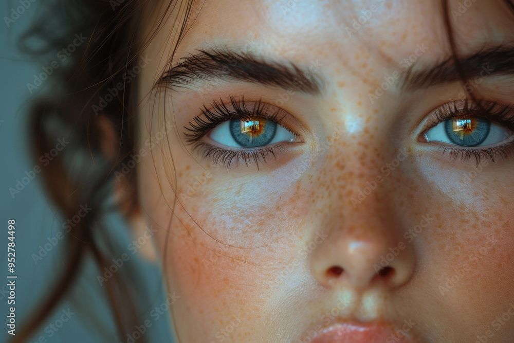 Fototapeta premium A close-up shot of a young woman with striking blue eyes and freckles, embodying spiritual inner harmony during a tranquil moment