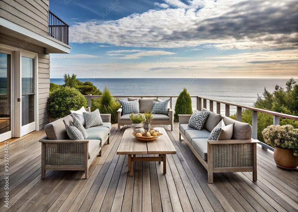 Fototapeta premium Gray-washed wood tones for coastal-inspired deck decor