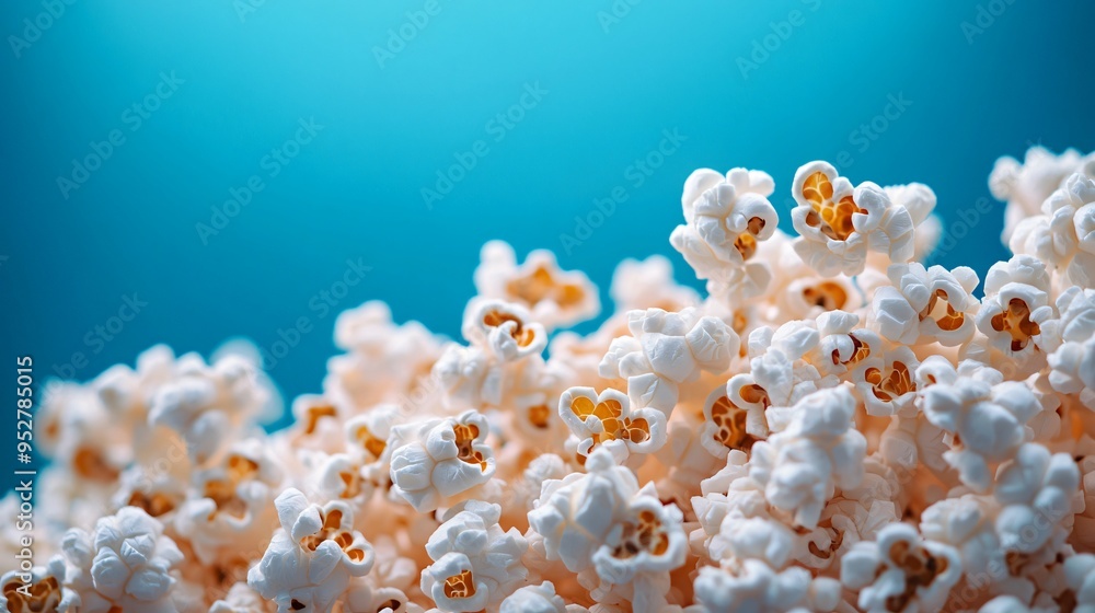 Close up of popcorn overflowing on a blue background Close up of popcorn overflowing on a blue background