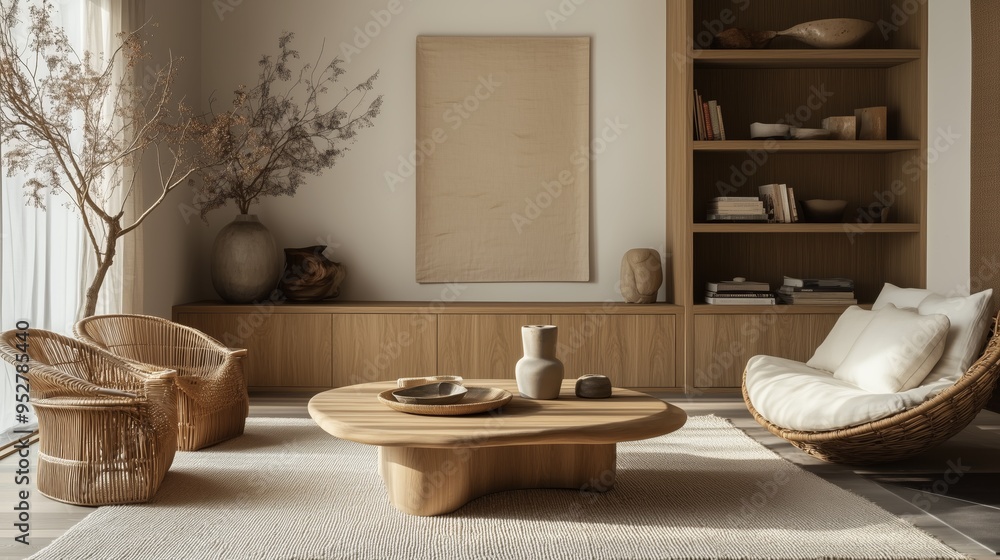 Stylish minimalist living room featuring wicker chairs, wooden table, beige decor, and natural light for a cozy Scandinavian vibe. Stylish minimalist living room featuring wicker chairs, wooden table, beige decor, and natural light for a cozy Scandinavian vibe.