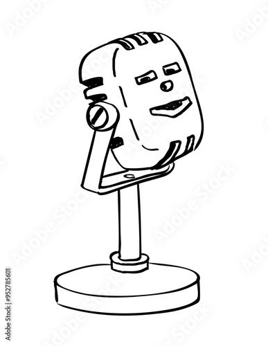 Drawing sketch style illustration of a cartoon character vintage microphone mic talking on isolated background done in black and white line art.