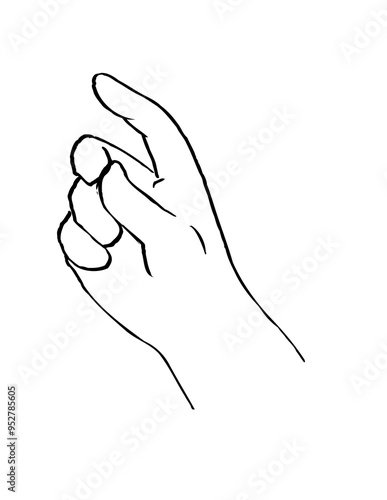 Drawing sketch style illustration of a right human hand or finger snapping flicking on isolated background done in black and white line art.